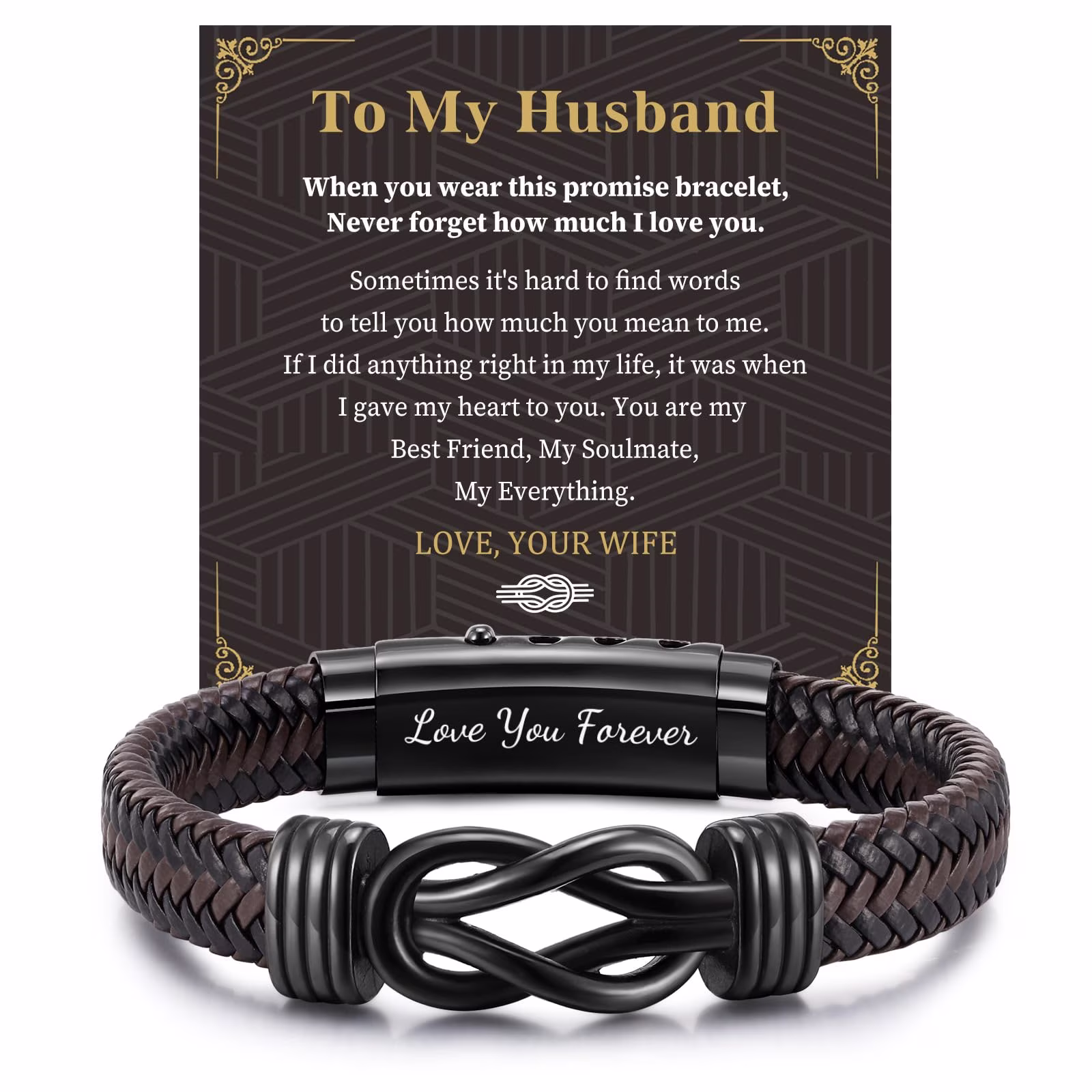 Men's Bracelets Gifts for Men - Brown Braided Leather Infinity Knot Bracelets Engraved Love Massage for Son Daddy Man Brother Husband Boyfriend, Personalised Mens Bracelets Birthday Gift