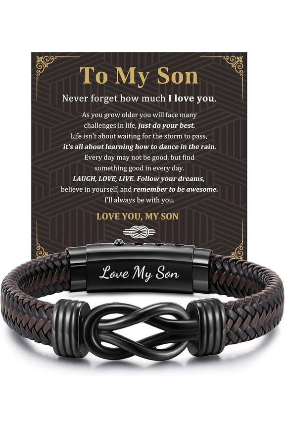 Men's Bracelets Gifts for Men - Brown Braided Leather Infinity Knot Bracelets Engraved Love Massage for Son Man Husband Boyfriend, Personalized Mens Bracelets Jewelry Gift for Birthday Christmas