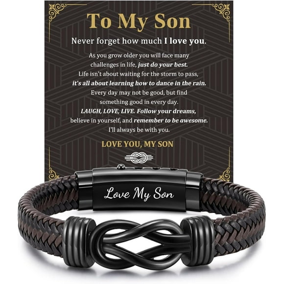 Men's Bracelets Gifts for Men - Brown Braided Leather Infinity Knot Bracelets Engraved Love Massage for Son Man Husband Boyfriend, Personalized Mens Bracelets Jewelry Gift for Birthday Christmas