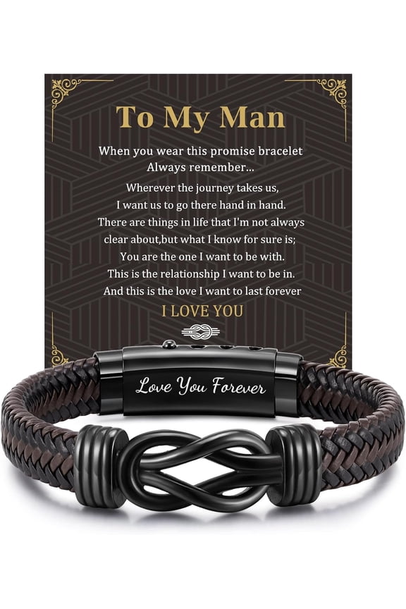 Men's Bracelets Gifts for Men - Brown Braided Leather Infinity Knot Bracelets Engraved Love Massage for Son Man Husband Boyfriend, Personalized Mens Bracelets Jewelry Gift for Birthday Christmas