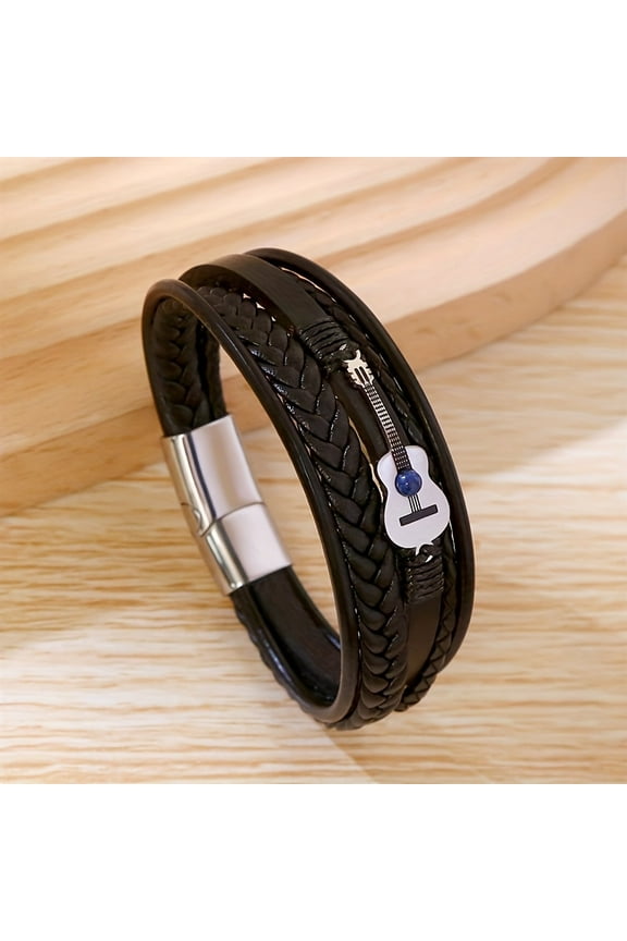Men's Braided Faux Leather Bracelet with Guitar Charm – Adjustable Black & Brown PU Leather Bands, Stylish Punk Party Accessory, Perfect Gift for Music Lovers, Unisex Bracelet | Punk Style Bracelet