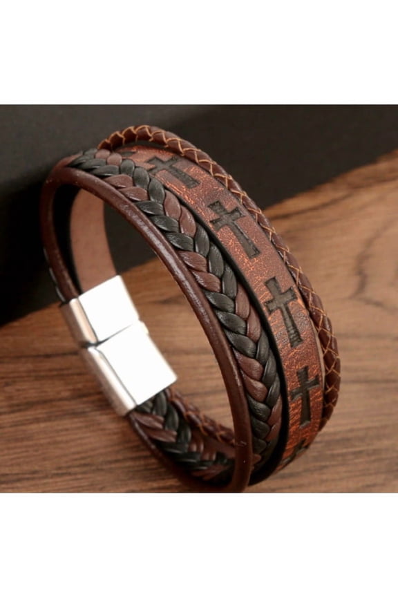 Men’s Braided Leather Cross Cuff Bracelet, Multi-Layer Embossed Christian Faith Wristband, Vintage Leather Bracelets for Men Boys Church Daily Gift, Black & Brown 2 Color Options