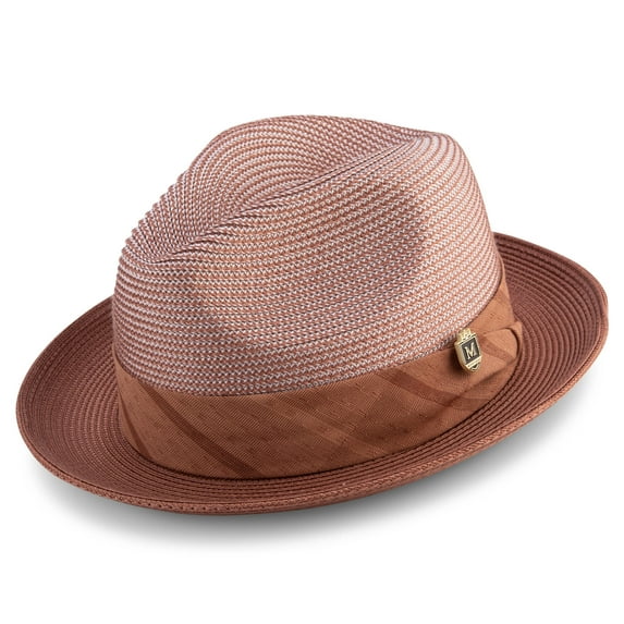 Men's Braided Two Tone Snap Brim Pinch Fedora Hat in Cognac H-2065