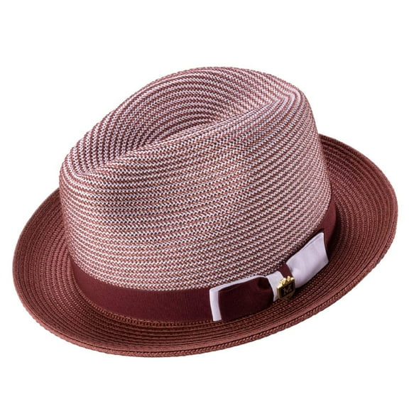 Men's Braided Two Tone Stingy Brim Pinch Fedora Hat in Burgundy H-68