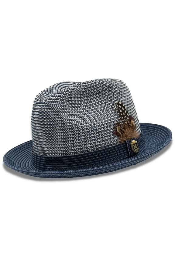 Men's Braided Two Tone Stingy Brim Pinch Fedora Hat in Navy - H73