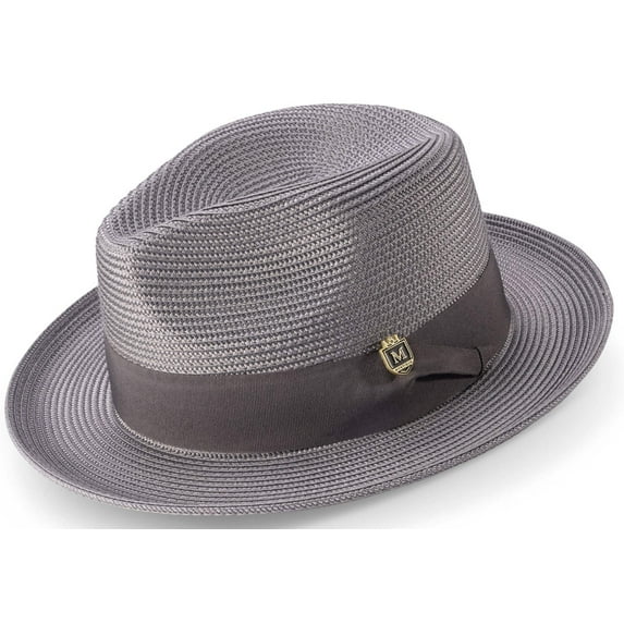 Men's Braided Wide Brim Pinch Fedora Matching Grosgrain Ribbon Hat in Grey H-42