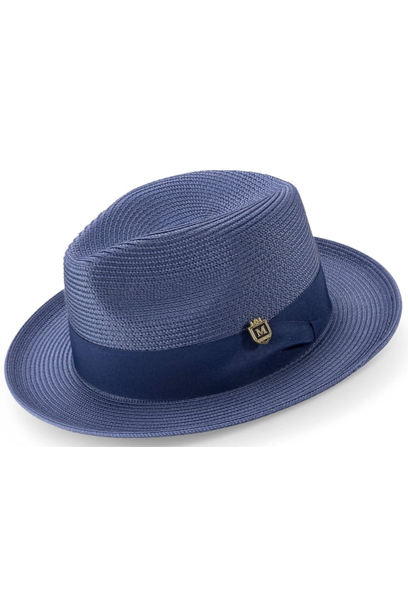 Men's Braided Wide Brim Pinch Fedora Matching Grosgrain Ribbon Hat in Navy H-42