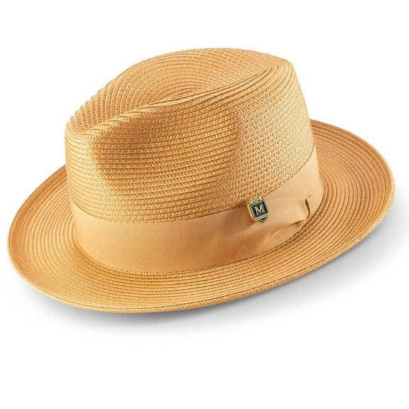 Men's Braided Wide Brim Pinch Fedora Matching Grosgrain Ribbon Hat in Tan H-42