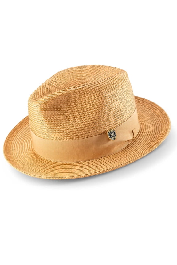 Men's Braided Wide Brim Pinch Fedora Matching Grosgrain Ribbon Hat in Tan H-42