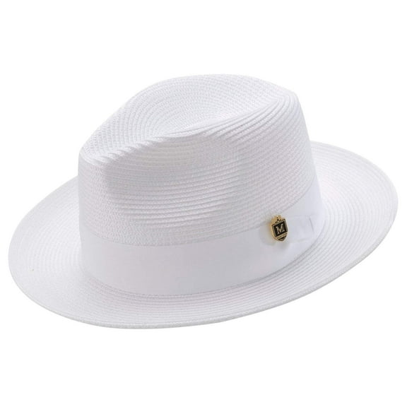 Men's Braided Wide Brim Pinch Fedora Matching Grosgrain Ribbon Hat in White H-42