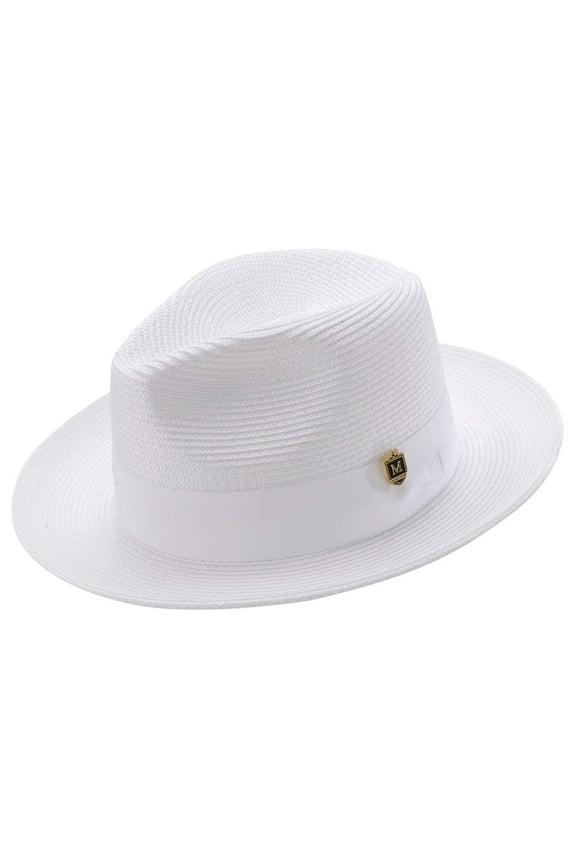 Men's Braided Wide Brim Pinch Fedora Matching Grosgrain Ribbon Hat in White H-42