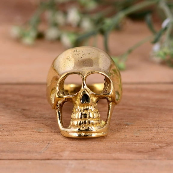 Men’s Brass Skull Ring – Handmade Gold Plated Decayed Skull Ring, Unique Gothic Style Ring for Men