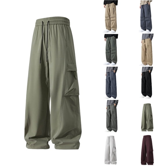 Men's Breathable Cargo Pants with Drawstring Waist Solid Loose Fit Straight Leg Utility Trousers Casual Outdoor Work Pants