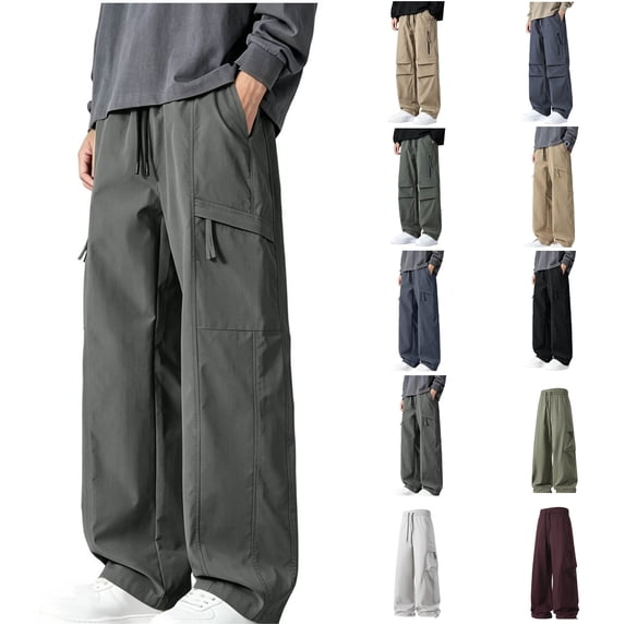 Men's Breathable Cargo Pants with Drawstring Waist Solid Loose Fit Straight Leg Utility Trousers Outfit Travel
