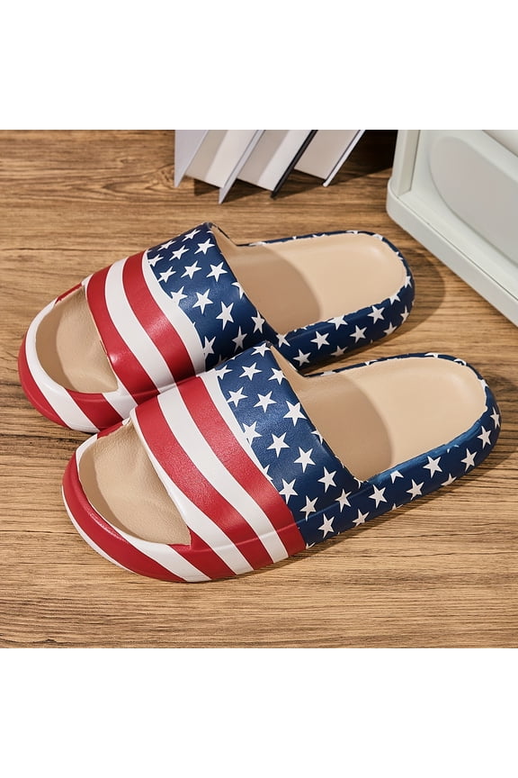 Men's Breathable Comfortable Lightweight Durable Soft Red and Blue Striped Star American Flag Round Toe Low-Top Thick Sole Slip-On Flat Shoes, Suitable for Indoor/Outdoor Daily Commute