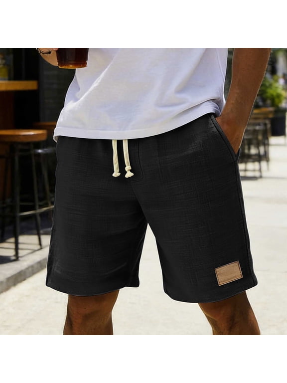 Men's Breathable Cotton Shorts, Lightweight Drawstring Shorts for Beach with Pockets , Vacation and Casual Wear Black XXL
