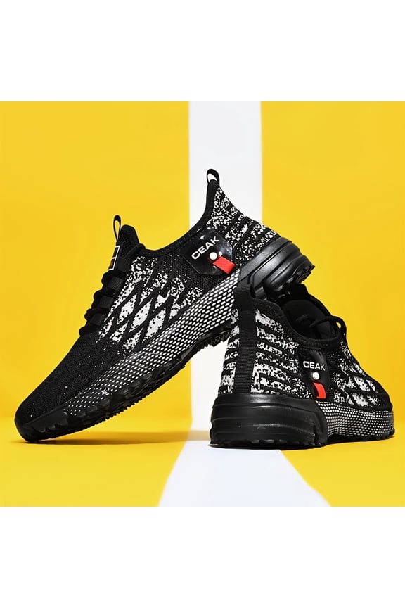 Men's Breathable Lightweight Casual Sneakers - Striped Low-Top Design, All-Season Comfort for Hiking, Running & Daily Wear - Durable MD Sole & Fabric Upper (Black/White), Hiking Shoes, Outdoor Footwe