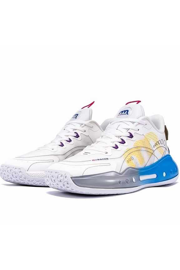 Men's Breathable Lightweight Mid-Top Basketball Running Shoes - White with Purple & Blue Accents, Fabric Upper & Rubber Sole, Cushioned Comfort for Gym, Jogging, Casual Wear, Gym Footwear, Stylish