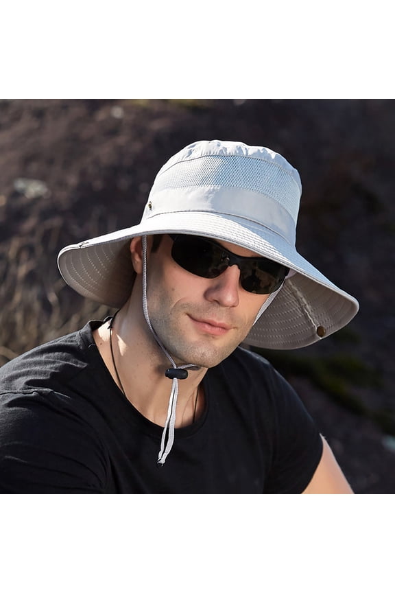 Men's Breathable Mesh Fisherman Cap, Foldable Bucket Hat with UPF Sun Protection for Summer Hiking, Fishing, and Daily Wear, Adjustable Chin Strap for Secure Fit and Comfort-Gray