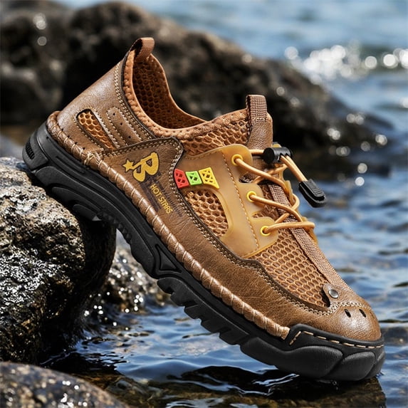 Men's Breathable Mesh & Leather Outdoor Hiking Shoes, Quick-Lace Water-Resistant Sneakers