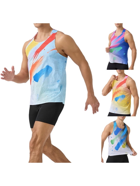 Men's Breathable Mesh Running Vest UK, Quick Dry Gym Tank Tops, Tie-Dye Print Sleeveless Gym T-Shirts Lightweight Workout Singlet for Training, Fitness, Jogging & Sports