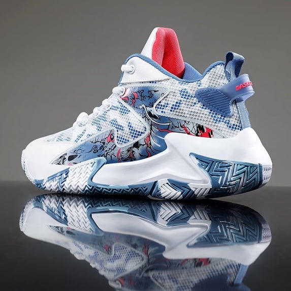 Men's Breathable Mid-Top Basketball Sneakers - Upper & Rubber Sole All-Season Sports Shoes with Cushioned Insole, Gym, Casual Wear - Random Color Sole Patterns Suitable for All-Season Wear