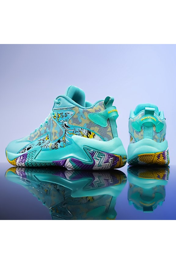 Men's Breathable Mid-Top Basketball Sneakers - Upper & Rubber Sole All-Season Sports Shoes with Cushioned Insole, Gym, Casual Wear - Random Color Sole Patterns Suitable for All-Season Wear