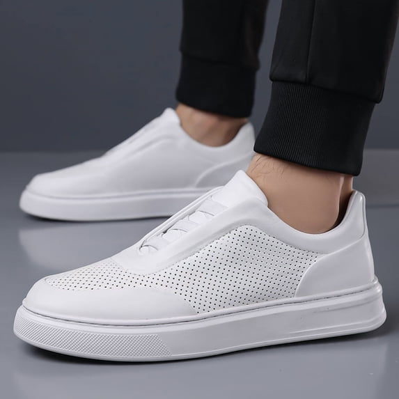 Men's Breathable Perforated Slip-On White Sneakers - Casual Lightweight Shoes