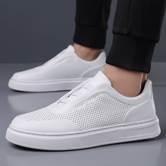 Men's Breathable Perforated Slip-On White Sneakers - Casual Lightweight Shoes
