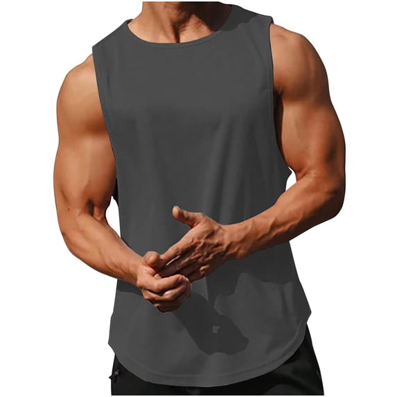 Men's Breathable Quick Dry Round Neck Tank Tops Solid Fitness Casual Athletic Sleeveless Gym Shirts Sports Tank