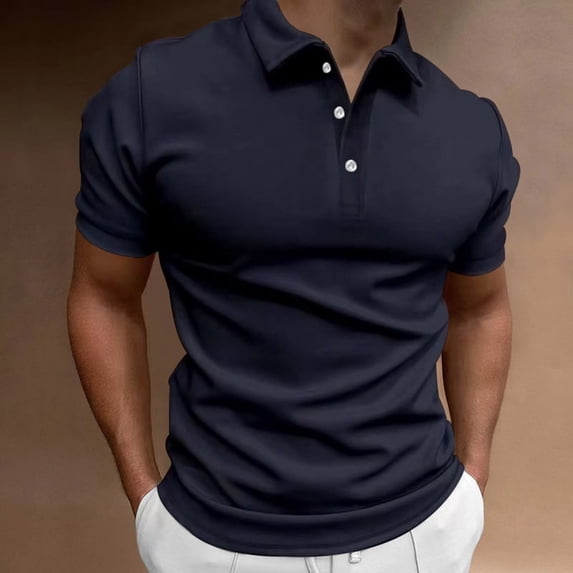 Men's Breathable T-Shirt Solid Color Classic T-Shirt Short Sleeve Button up Collar Sports Work Golf Tee Navy XL