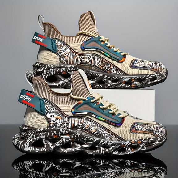 Men's Breathable Woven Middle Top Blade Type Shoes - Trendy Iridescent Graffiti Style - For Outdoor Workout, Traveling - Suitable for Men - Lightweight & Comfortable