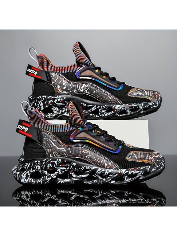 Men's Breathable Woven Middle Top Blade Type Shoes - Trendy Iridescent Graffiti Style - For Outdoor Workout, Traveling - Suitable for Men - Lightweight & Comfortable