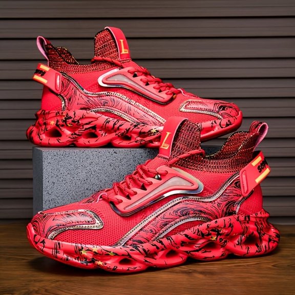 Men's Breathable Woven Middle Top Blade Type Shoes - Trendy Iridescent Graffiti Style - For Outdoor Workout, Traveling - Suitable for Men - Lightweight & Comfortable