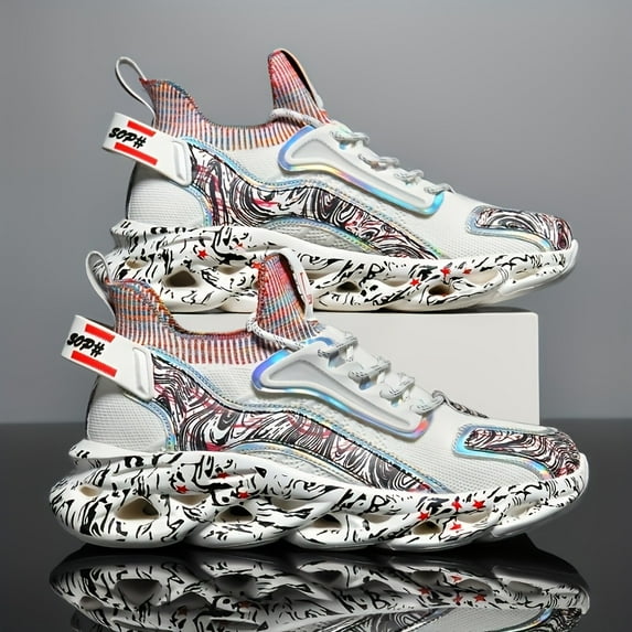 Men's Breathable Woven Middle Top Blade Type Shoes - Trendy Iridescent Graffiti Style - For Outdoor Workout, Traveling - Suitable for Men - Lightweight & Comfortable