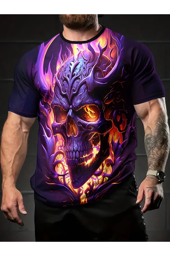 Men's Bright Flame Skull Pattern T-shirt Crew Neck, Short Sleeve, Slightly Elastic, Regular Version, All Season Casual Wear, Perfect Gift for Him, Easter Decoration and Weekend Clothing