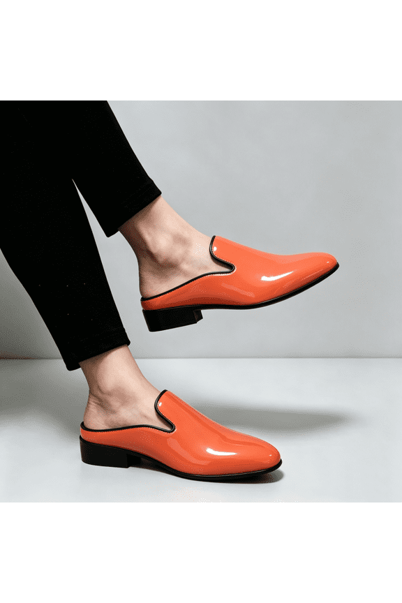 Men's Bright Patent Leather Backless Mule Loafers Low Block Heel Slip On Party Wedding Casual Dress Shoes