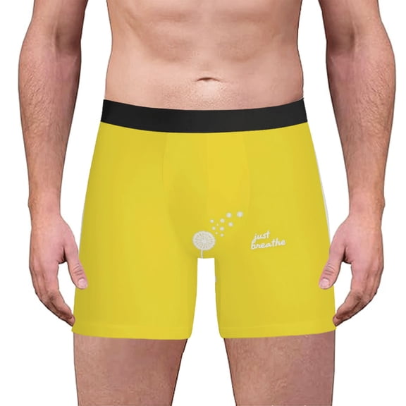 Men's Bright Yellow Boxer Briefs with Black Waistb Design & ' Just Breathe ' Text Comfortable & Stylish Underwear