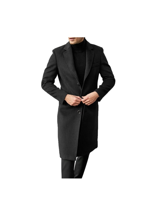Men's British Style Solid Color Long Coat Fashionable Warm Woolen Overcoat