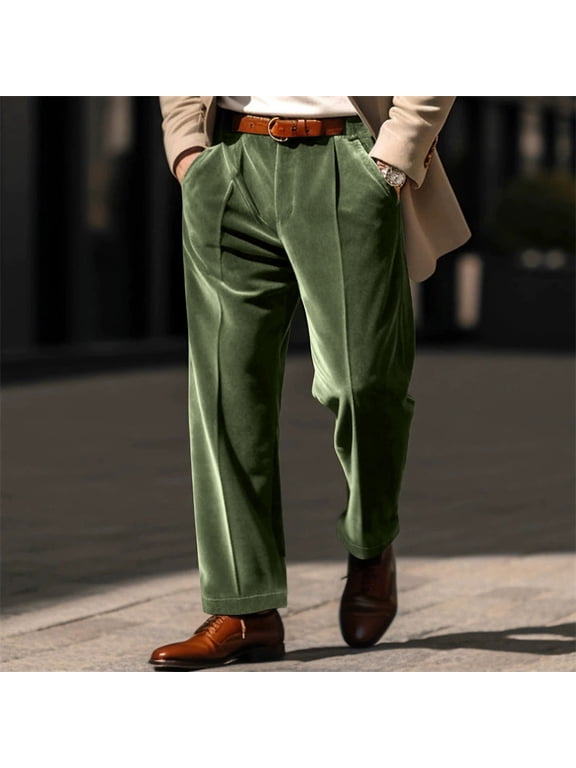 Men's British Style Velvet Suit Pants, Straight Leg Retro Dress Trousers with Expandable Elastic Waist and Pockets, Business Casual Office Pants for Daily Wear Blackish Green XL