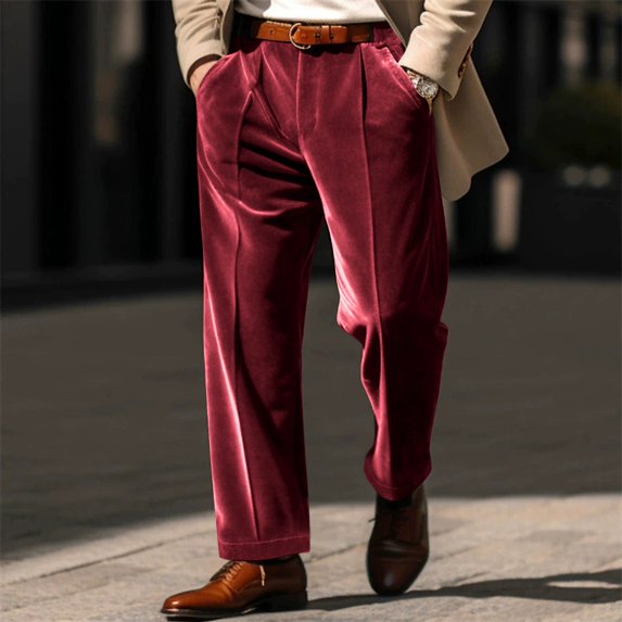 Men's British Style Velvet Suit Pants, Straight Leg Retro Dress Trousers with Expandable Elastic Waist and Pockets, Business Casual Office Pants for Daily Wear Wine L