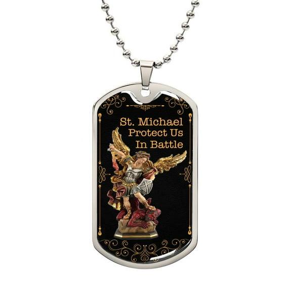 Men's Bronze Archangel St. Michael Shield Necklace, Antiqued Brass Chain, St Michael Protect Us in Battle Police Dog Tag - Graphic Military Dog Tag Necklace (Optional Personalized Engraving)
