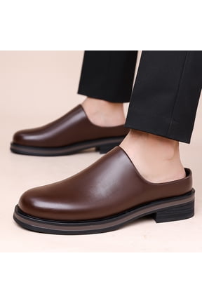 Men's Brown Backless Leather Mule Loafers, Slip On Thick Platform Casual Driving Slide Shoes, Non-Slip Lightweight Formal Office Walking Dress Shoes for Business Daily Wear