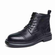 Men's Brown Black Vintage Work Boots - Lace-Up High-Top with Round Toe & Thick Rubber Sole