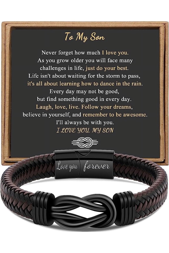 Men’s Brown Braided-leather Bracelet, Stainless-steel “Love You Forever” Engraving,Gifts for Dad Husband Boyfriend Son Grandson Brother Nephew Uncle