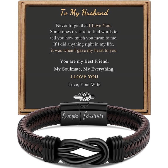 Men’s Brown Braided-leather Bracelet, Stainless-steel “Love You Forever” Engraving,Gifts for Dad Husband Boyfriend Son Grandson Brother Nephew Uncle
