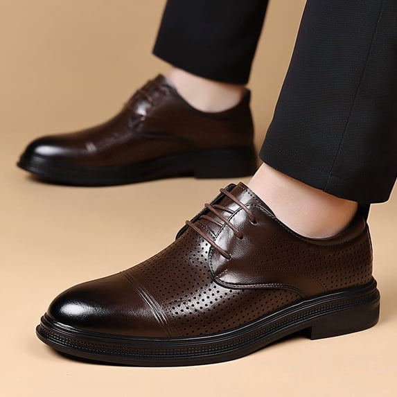 Men's Brown Burnished Perforated Cap Toe Derby Dress Shoes, Lace Up Breathable Formal Leather Oxfords, Non-Slip Block Heel Office Wedding Business Footwear