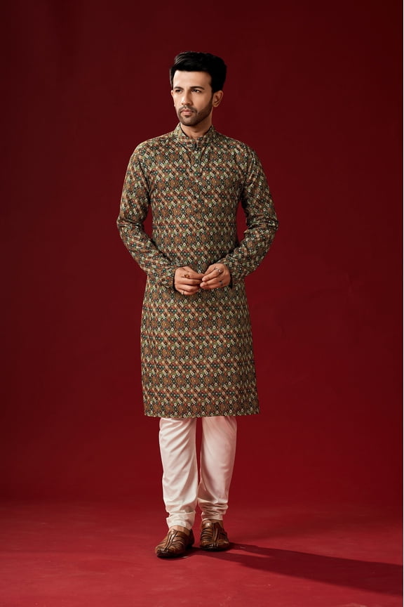 Men's Brown Color Indian Traditional Wear Tunic Cotton Kurta Pajama Set
