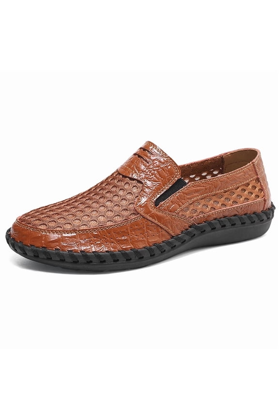 Men's Brown Croc Embossed Perforated Slip-On Hand-Stitched Summer Loafers