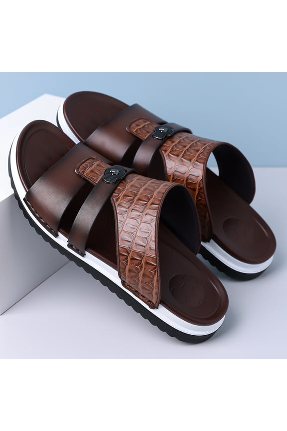 Men's Brown Croc-Embossed & Smooth Leather Slide Sandals with Two-Tone Sole
